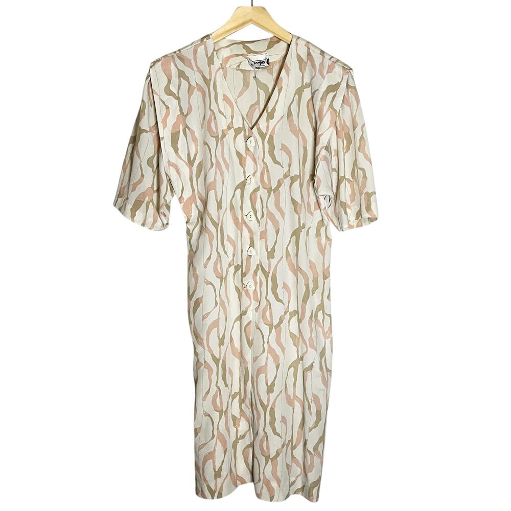 Vintage Perceptions Dress Womens 8 Neutral Abstract Stripe Button Midi Shift